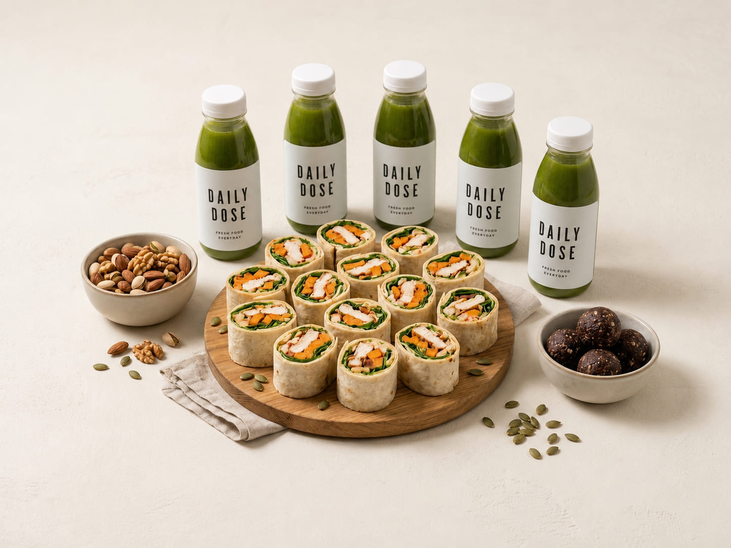 Wraps, juicer och snacks uppdukat för mingel