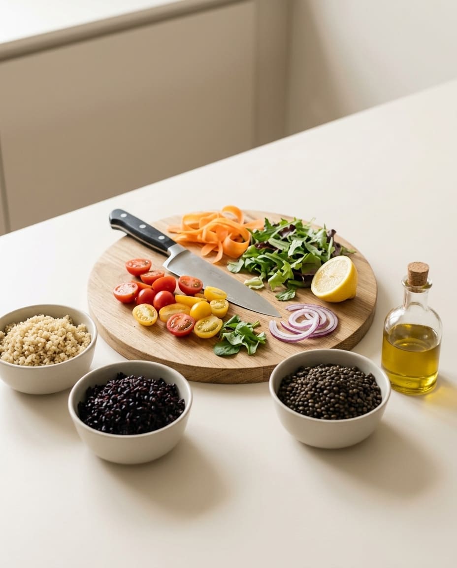 Grönsaker som skärs för dagens sallader i Daily Doses kök